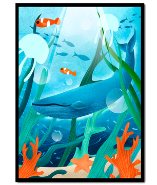 Underwater scene with whale, fish, and sea plants illustration