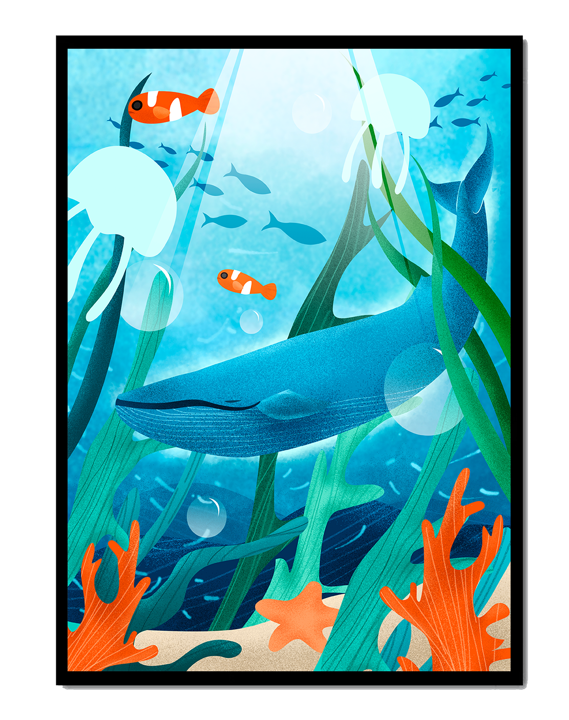 Underwater scene with whale, fish, and sea plants illustration