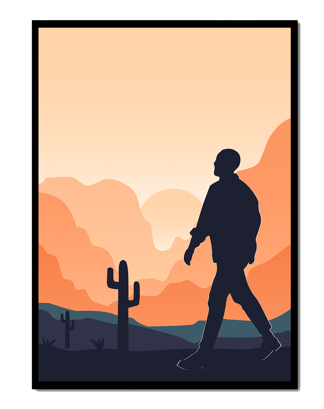 Silhouetted figure walking in desert landscape at sunset