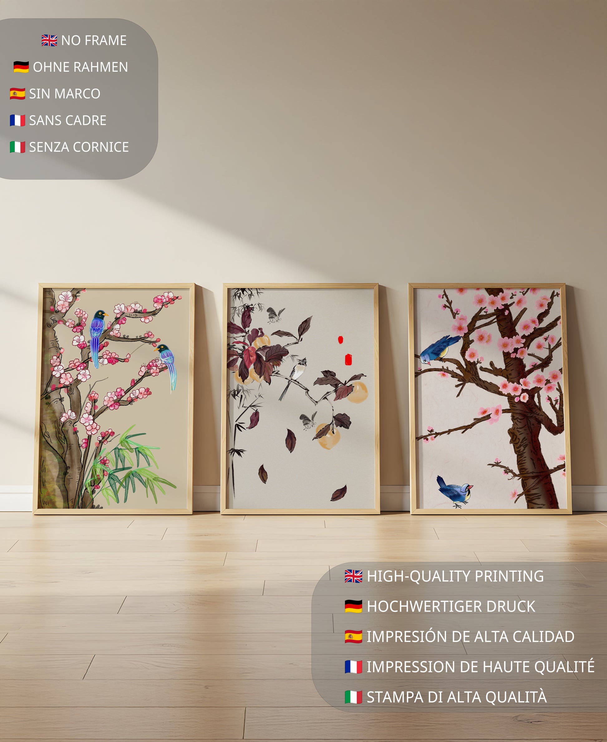 Dreier-Set mit Vogel- und Blumenmotiven im asiatischen Stil