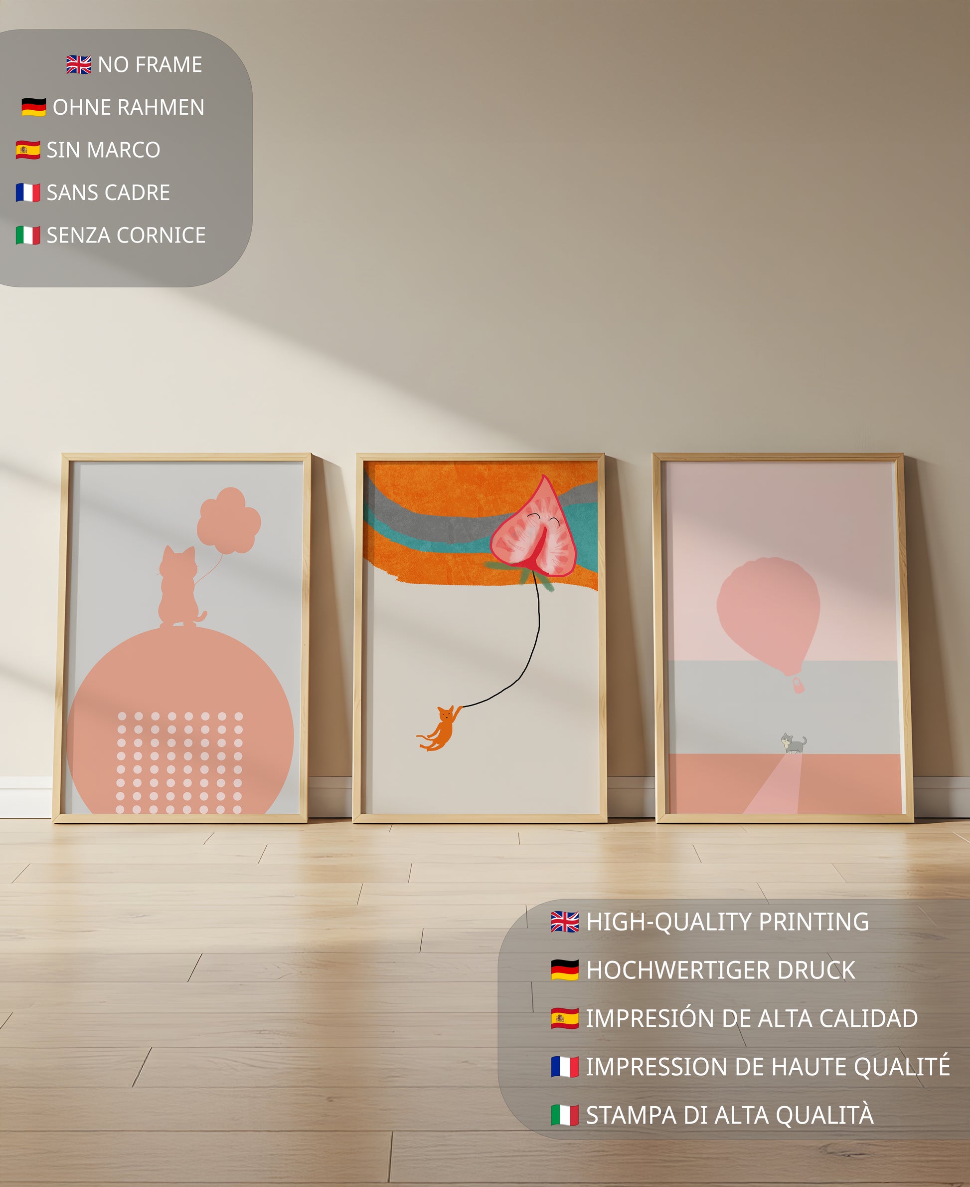 Triptyque d’art minimaliste avec des chats et des ballons