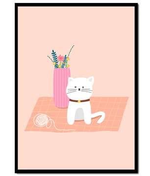 Illustration of a cute white cat with a pink vase and yarn ball on a pastel background