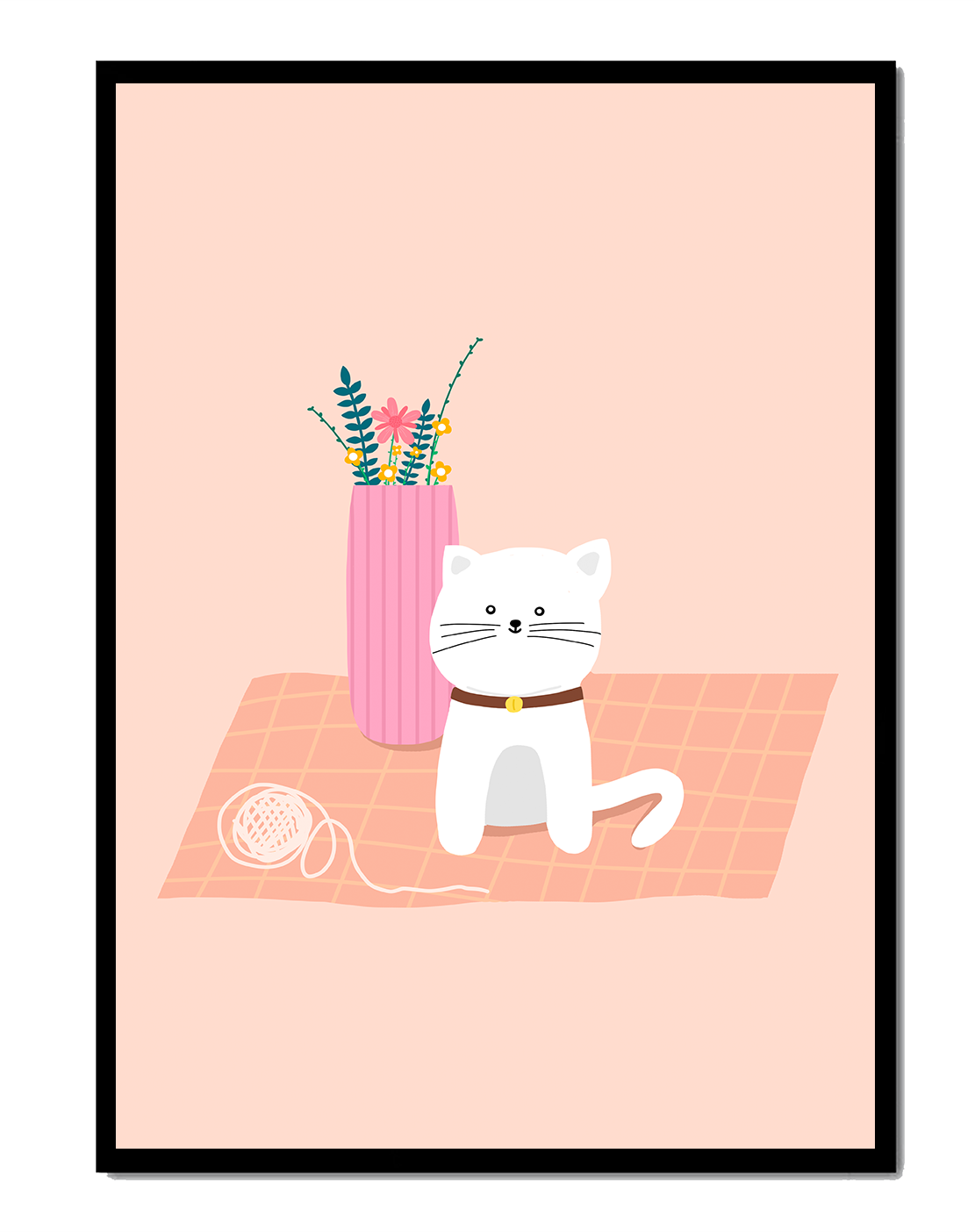 Illustration of a cute white cat with a pink vase and yarn ball on a pastel background