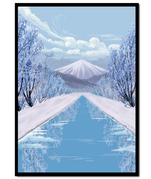 Serene winter landscape with mountain and snowy trees reflecting in water