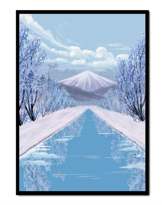 Serene winter landscape with mountain and snowy trees reflecting in water