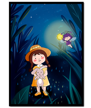Ilustración de una chica en un bosque con una luciérnaga mágica por la noche