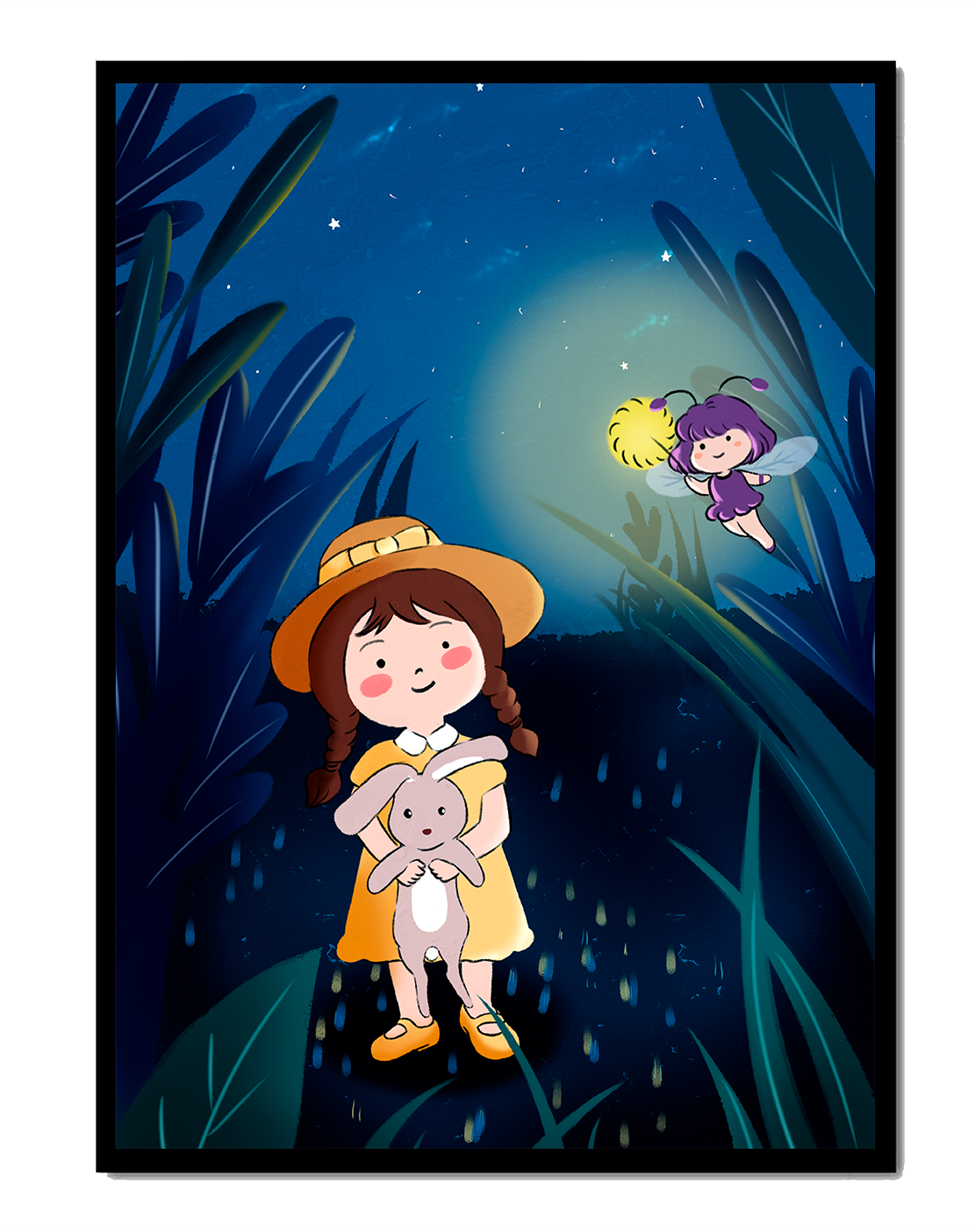 Ilustración de una chica en un bosque con una luciérnaga mágica por la noche