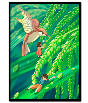 Aventure dans une jungle verdoyante avec des enfants et un oiseau