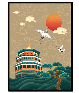 Traditional Asian art with cranes and temple at sunset