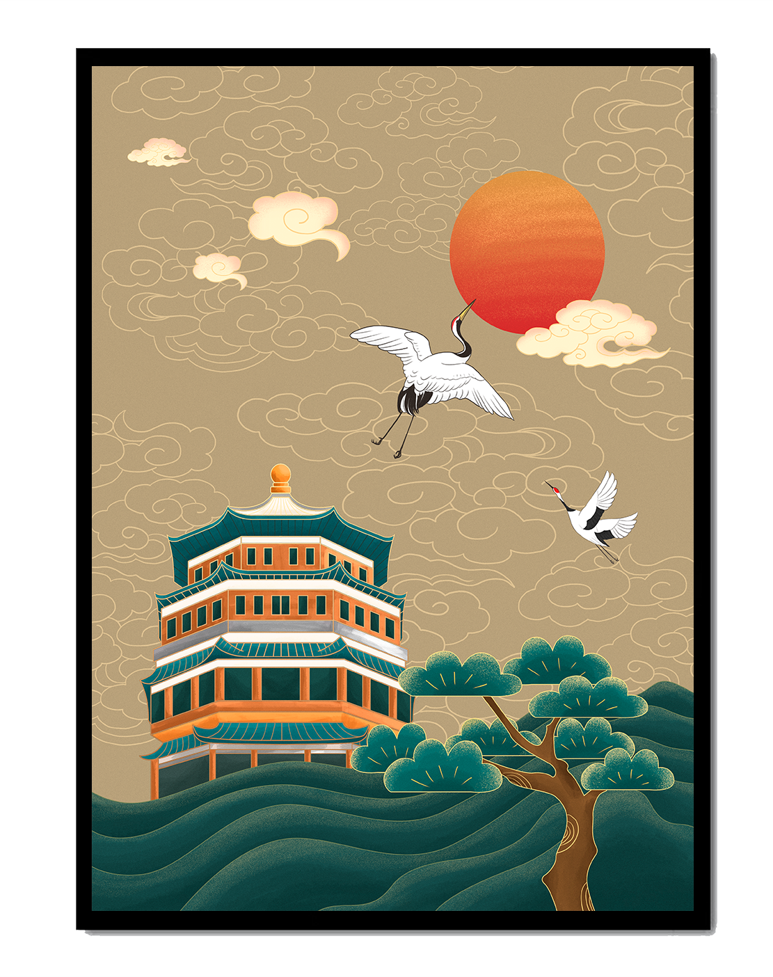 Traditional Asian art with cranes and temple at sunset