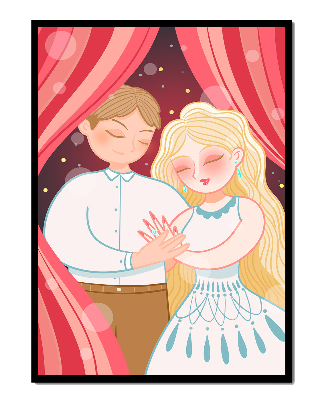 Romantic couple under red curtains with gentle embrace
