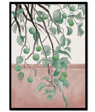 Branches With Green Apples And Leaves Over Pink Background