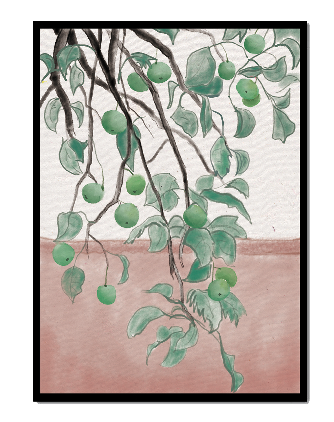 Branches With Green Apples And Leaves Over Pink Background