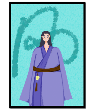 Personaje con atuendo tradicional sobre fondo texturizado