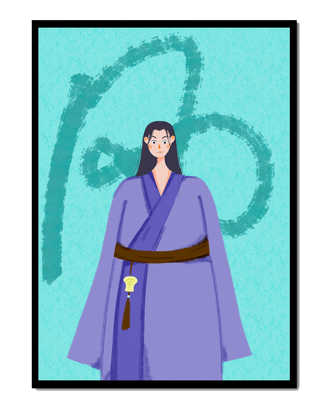 Character in traditional attire on textured background