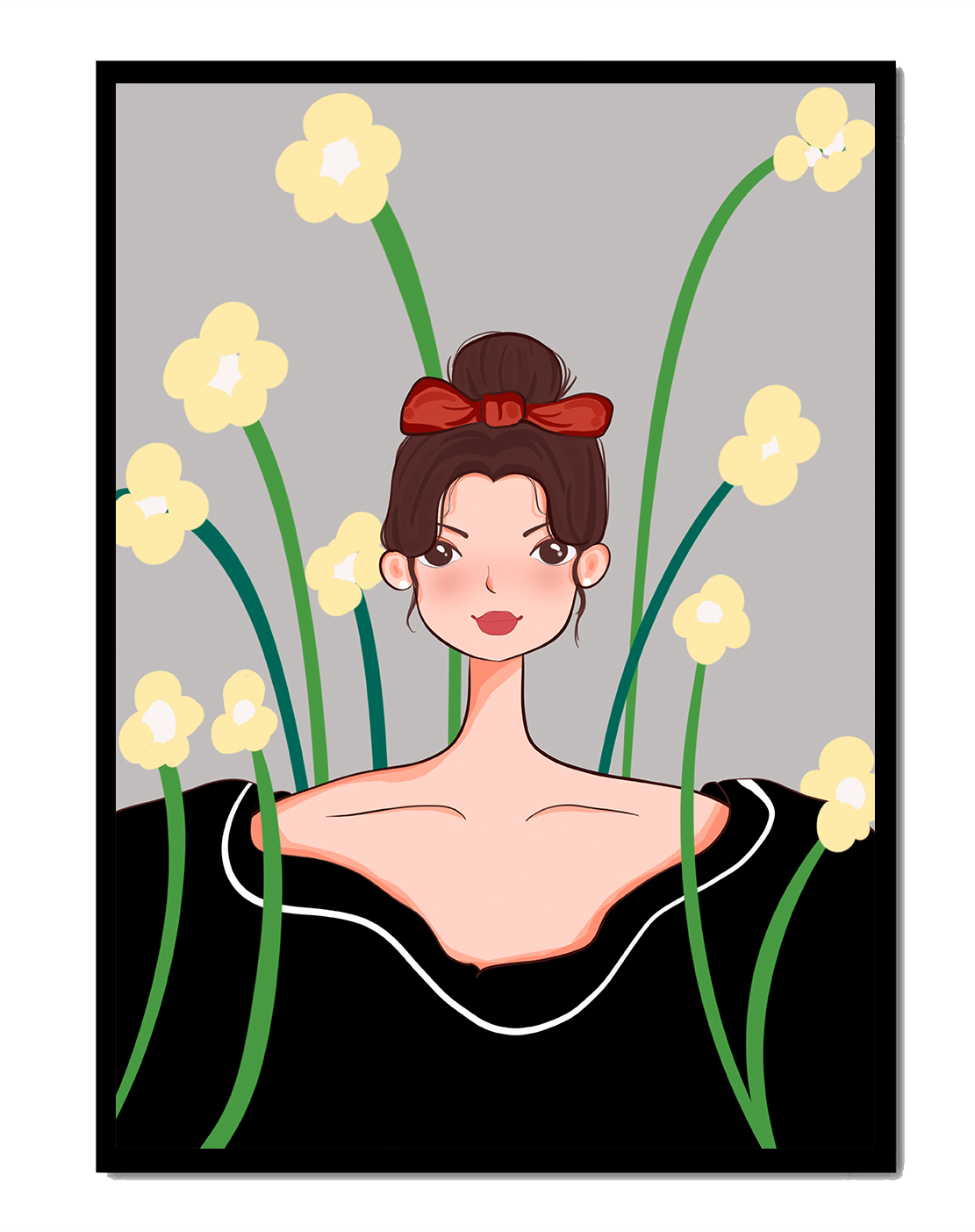 Illustration of a woman with floral background and red bow