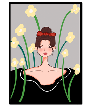 Ilustración de una mujer con fondo floral y lazo rojo