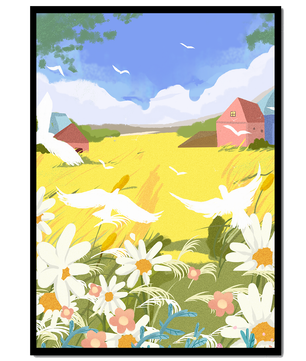 Summer Landscape with Birds and Flowers in a Pastoral Setting