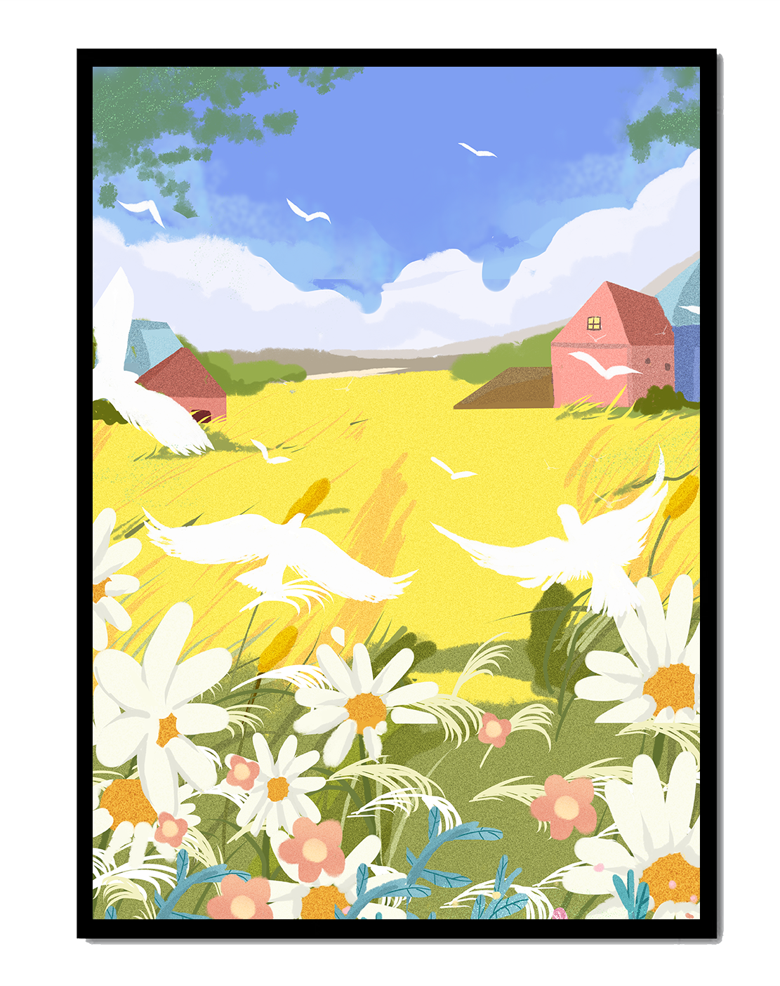 Summer Landscape with Birds and Flowers in a Pastoral Setting