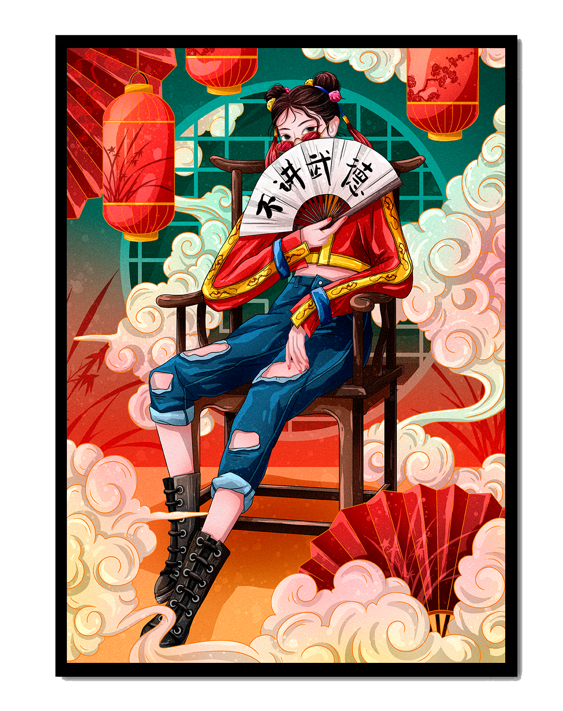 Female character with fan in colorful oriental setting