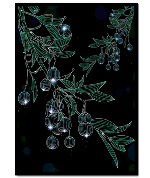 Elegante botanische Illustration mit leuchtenden Früchten und Blättern