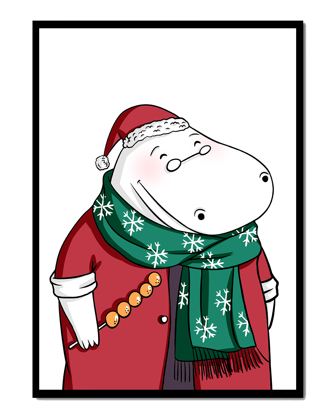 Festive hippo in a red outfit with a green snowflake scarf