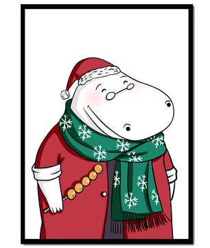 Festive hippo in a red outfit with a green snowflake scarf