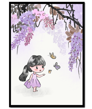 Charmante Illustration eines kleinen Mädchens mit Schmetterlingen und Glyzinienblüten