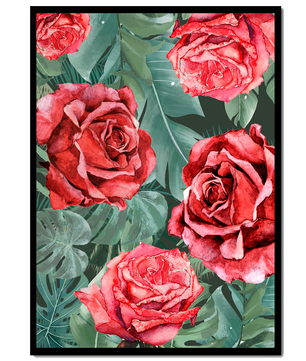Red roses and green foliage pattern in watercolor style