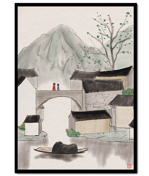 Serene mountain village ink painting with bridge and boat