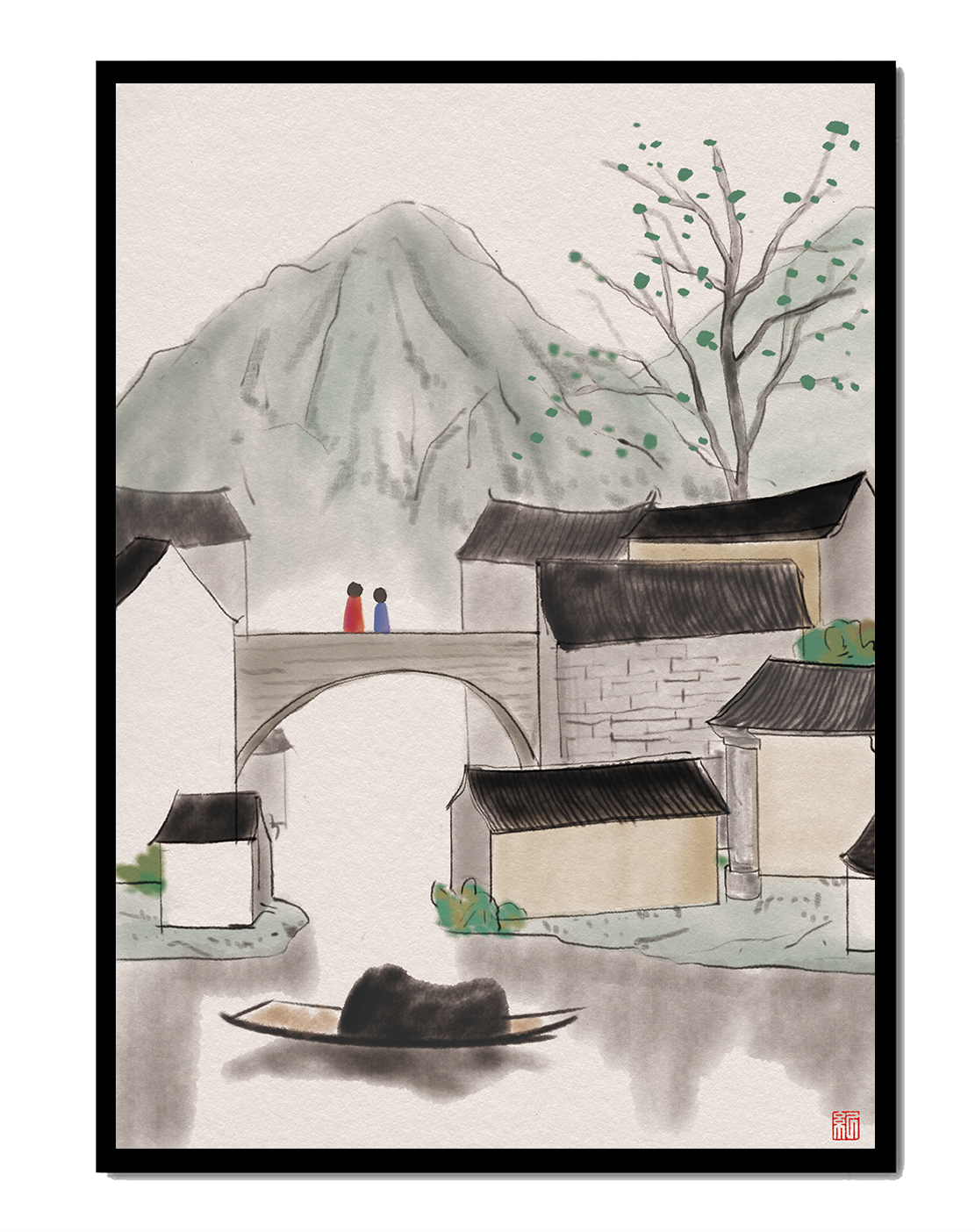 Serene mountain village ink painting with bridge and boat