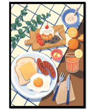 Escena de desayuno colorida con comida y bebida
