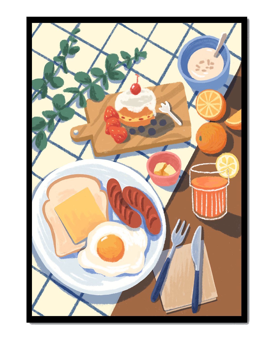 Escena de desayuno colorida con comida y bebida