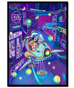 Ciudad futurista con un vehículo de reparto volador y letreros de neón