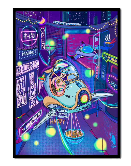 Futuristic cityscape with a flying delivery vehicle and neon signs