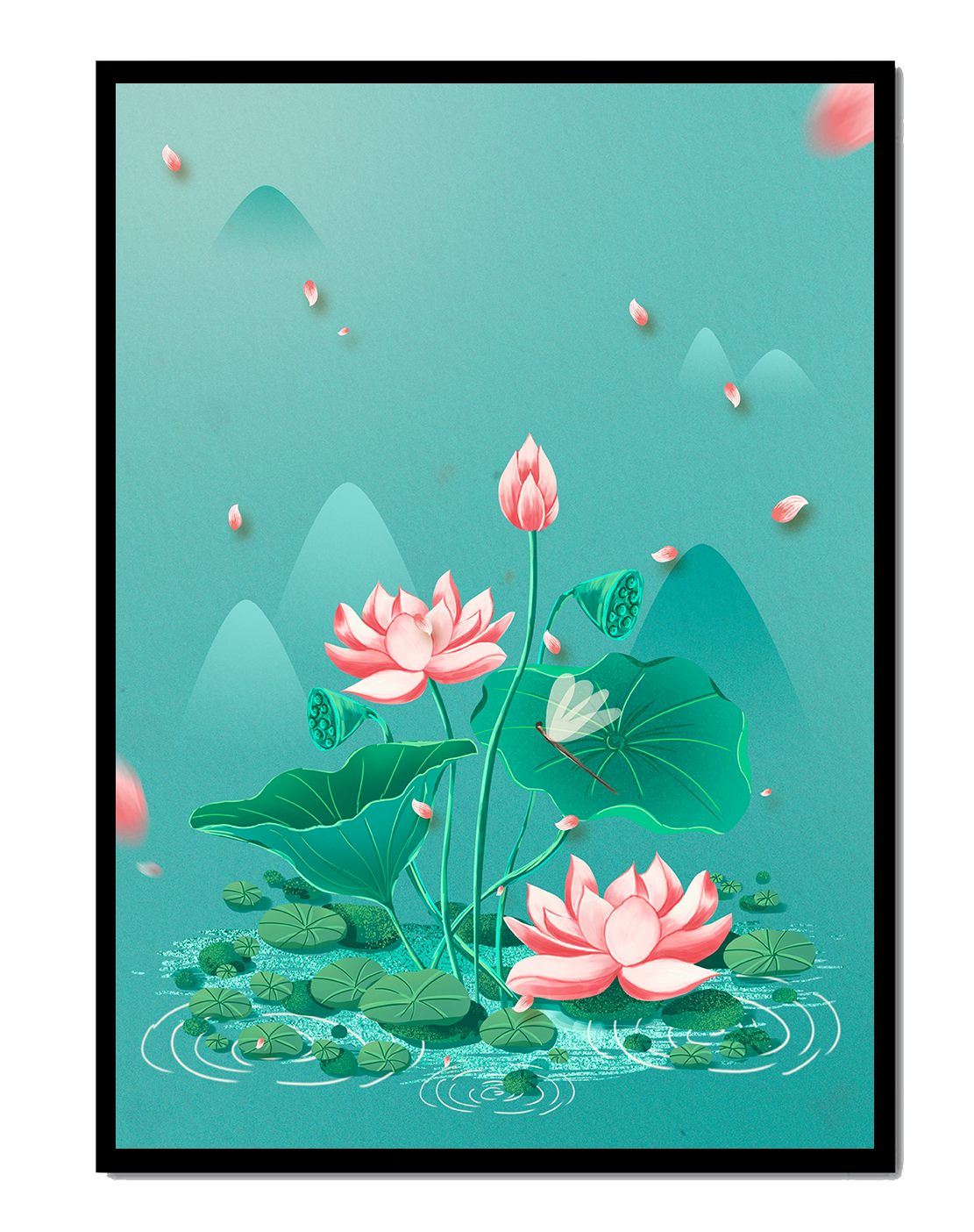 Serene illustration of lotus flowers in a tranquil pond setting with mountains