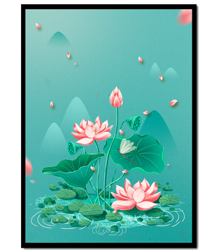 Illustration sereine de fleurs de lotus dans un étang paisible avec des montagnes