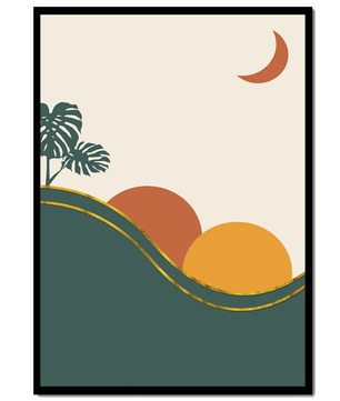 Minimalist Landscape With Mountains And Monstera Leaves At Sunset - Mi tienda