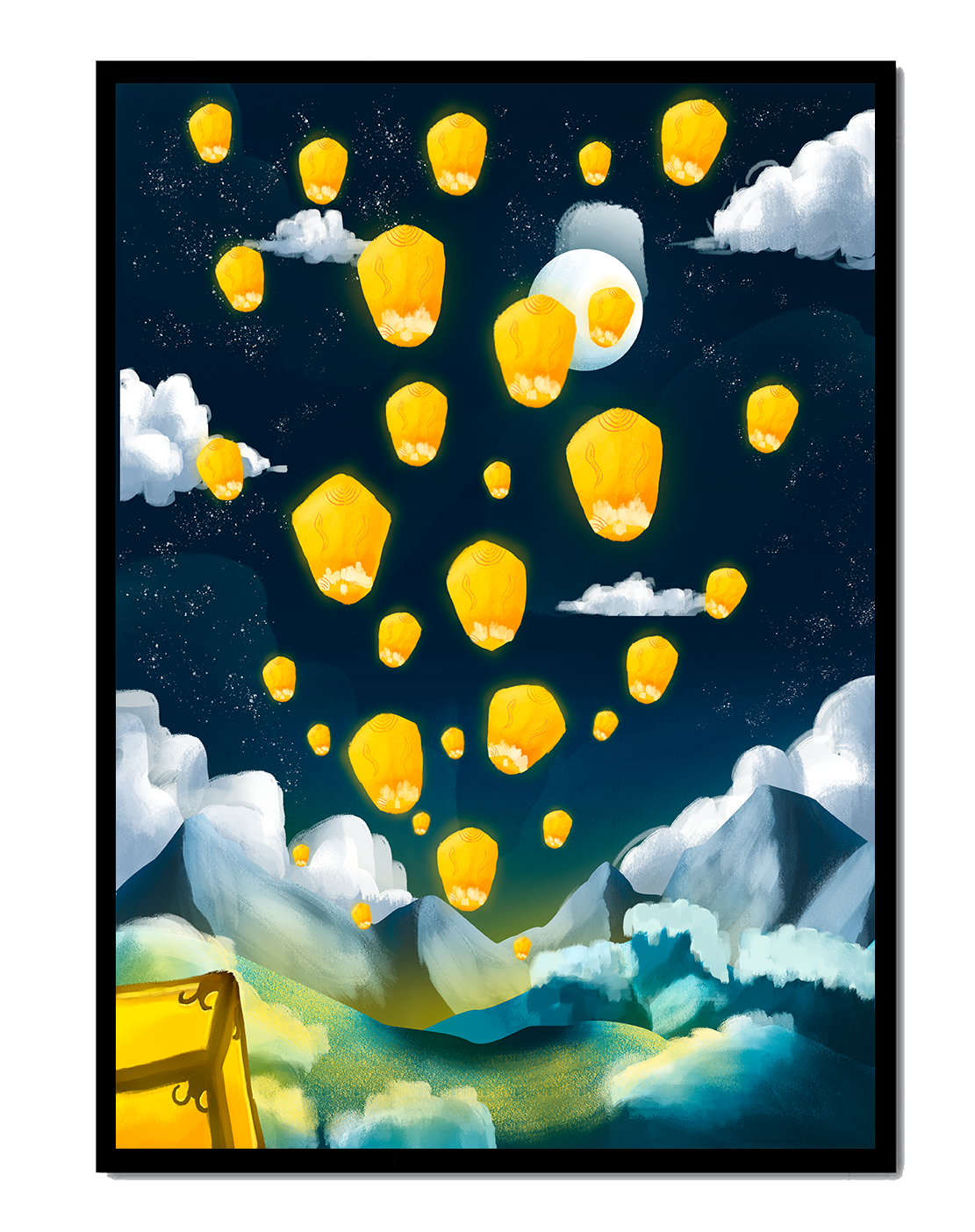 Lanterns floating in a starry night sky over mountains
