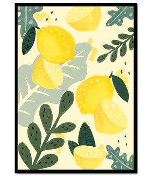 Composición ilustrativa de limones y hojas con colores vibrantes