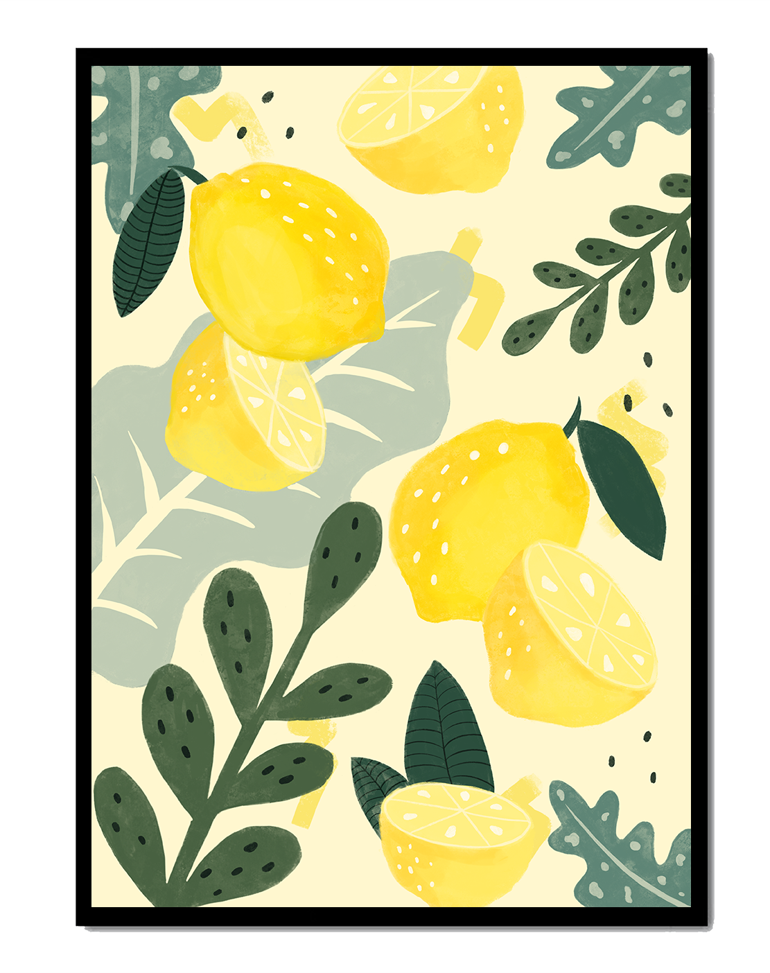 Composición ilustrativa de limones y hojas con colores vibrantes