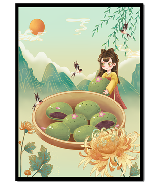 Charming Scene with Traditional Dress and Scenic Landscape Featuring Floral Elements and Birds