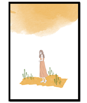 Fille en robe rose debout parmi des cactus sous un ciel aquarelle