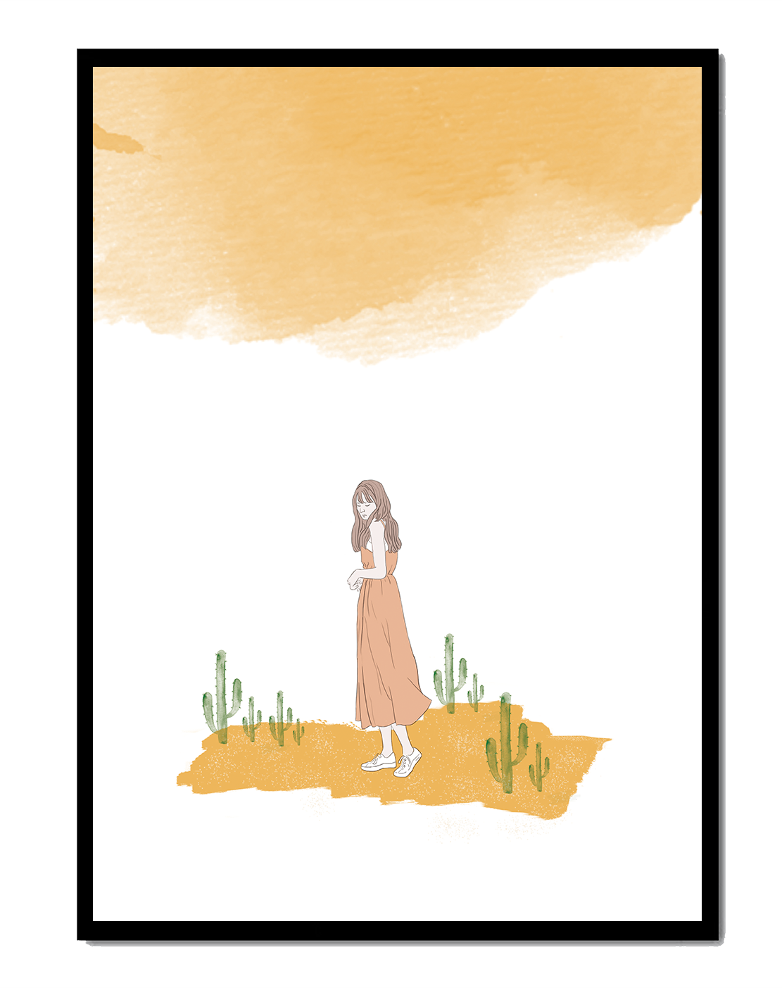 Fille en robe rose debout parmi des cactus sous un ciel aquarelle