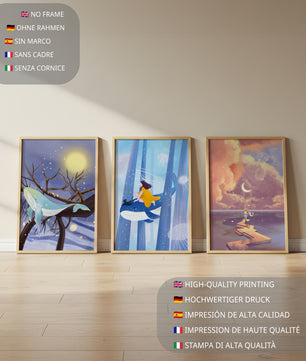 Triptyque d'Illustrations Fantastiques Sans Cadre avec Baleines et Paysages de Rêve