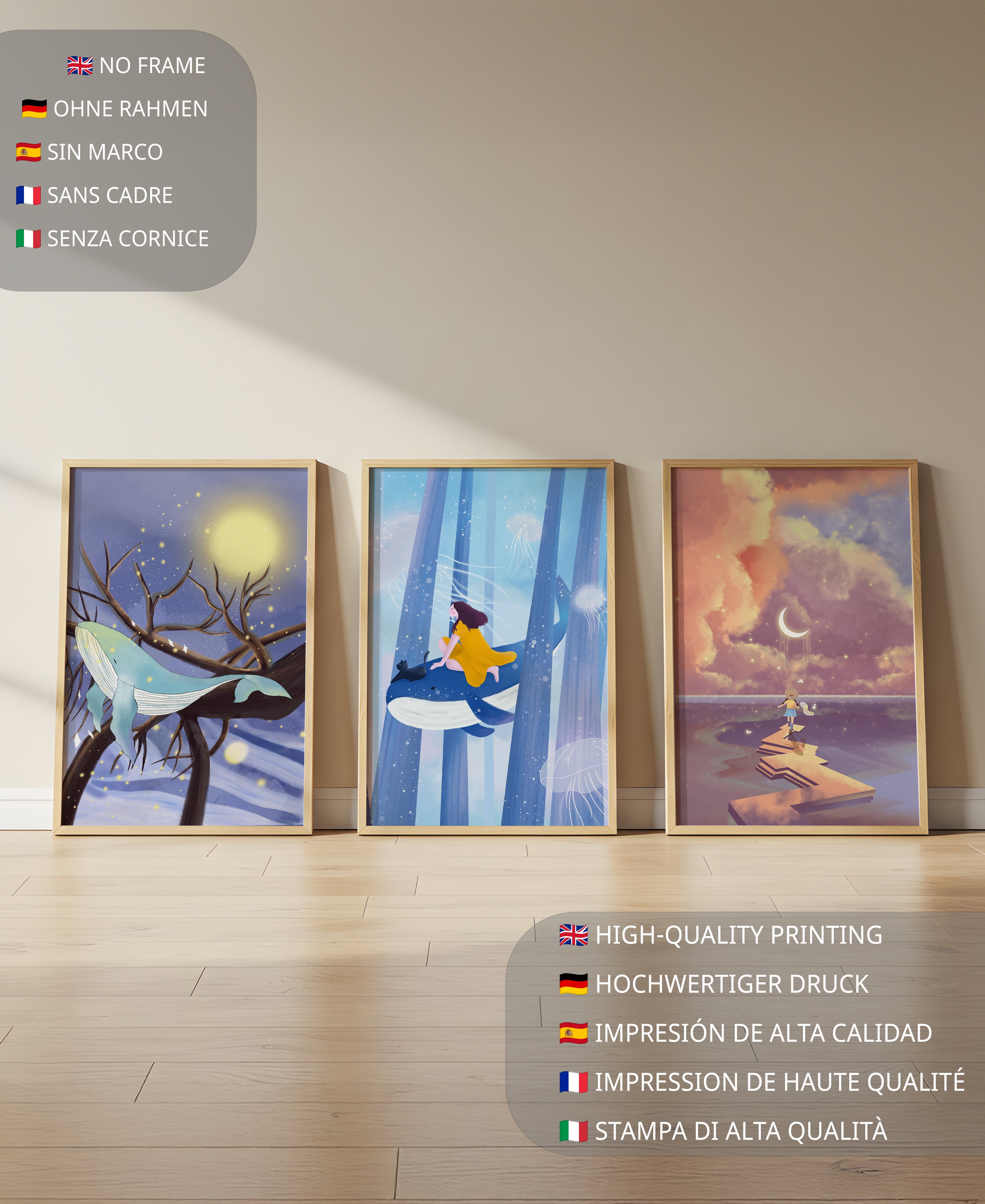 Triptyque d'Illustrations Fantastiques Sans Cadre avec Baleines et Paysages de Rêve