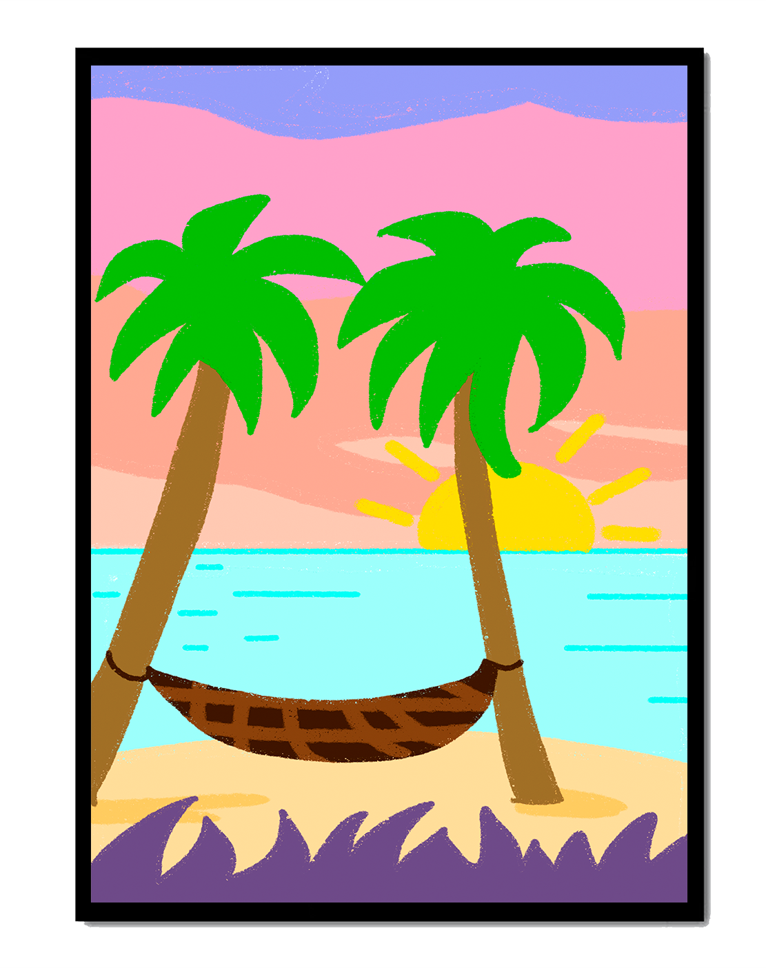 Tranquil beach scene with hammock and sunset