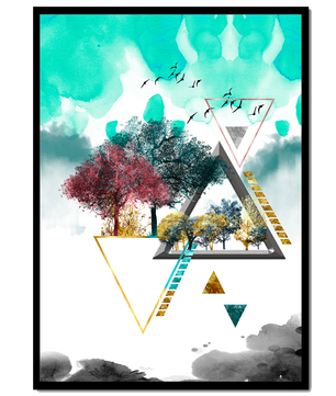 Abstract Geometric Landscape with Vibrant Trees and Birds - Mi tienda