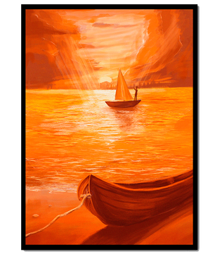 velero en un mar anaranjado al atardecer con gloriosa reflexión del cielo