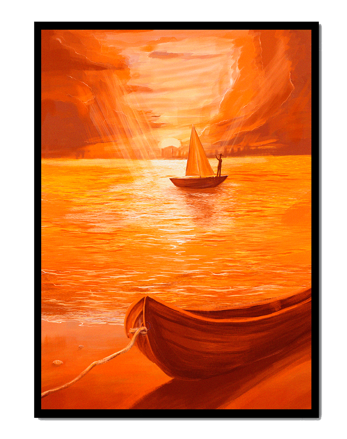 velero en un mar anaranjado al atardecer con gloriosa reflexión del cielo